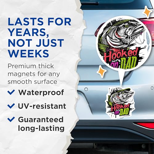 (2 Pack) Hooked on Dad Magnets - Father's Day Fishing Magnets - Bass Fishing Dad Magnets - 5" On Longest Side - for Cars, Refrigerators, Toolboxes, Lockers - Made in USA BMCS3492