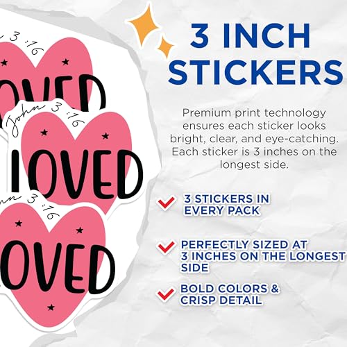 (3 Pack) John 3 16 Decals - Loved Heart Stickers - Inspirational Bible Verse Stickers - 3 Inches On Longest Side - Easy Peel & Apply - Made in USA - 3MCS1891