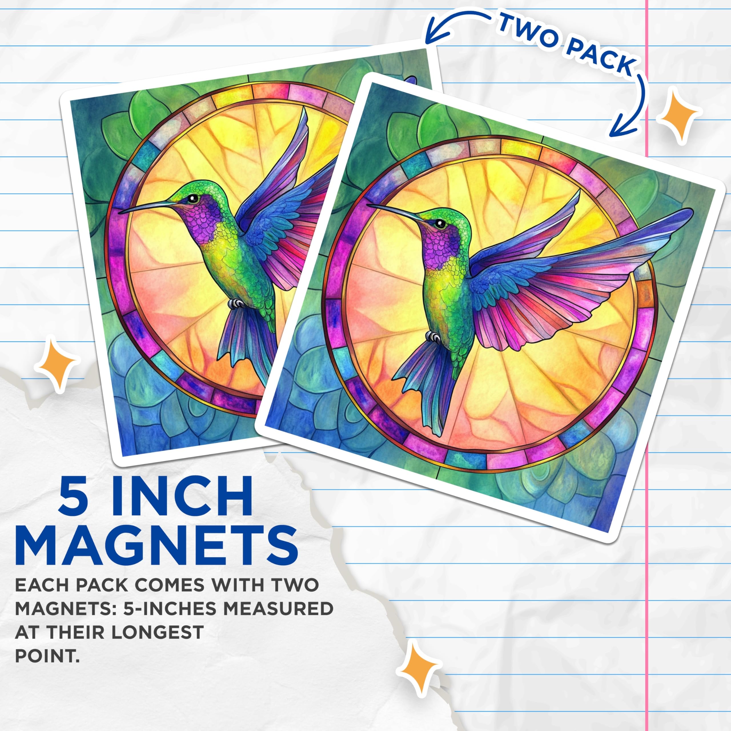 (2 Pack) Stained Glass Hummingbird Magnets - Vibrant Colorful Bird Art - Nature Lover Kitchen Fridge Decor Aesthetic - 5 Inches On Longest Side - Thick Durable Magnet - Made in USA - MAG30160