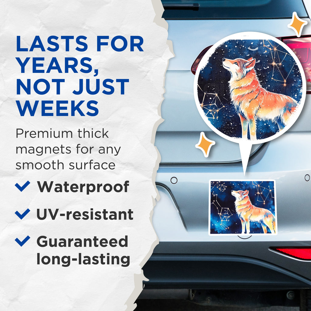 (2 Pack) Cosmic Wolf Magnets - Starry Night Animal Art - Mystical Creature Decor - 5 Inches On Longest Side - Thick Durable Magnet - Made in USA - MAG37575