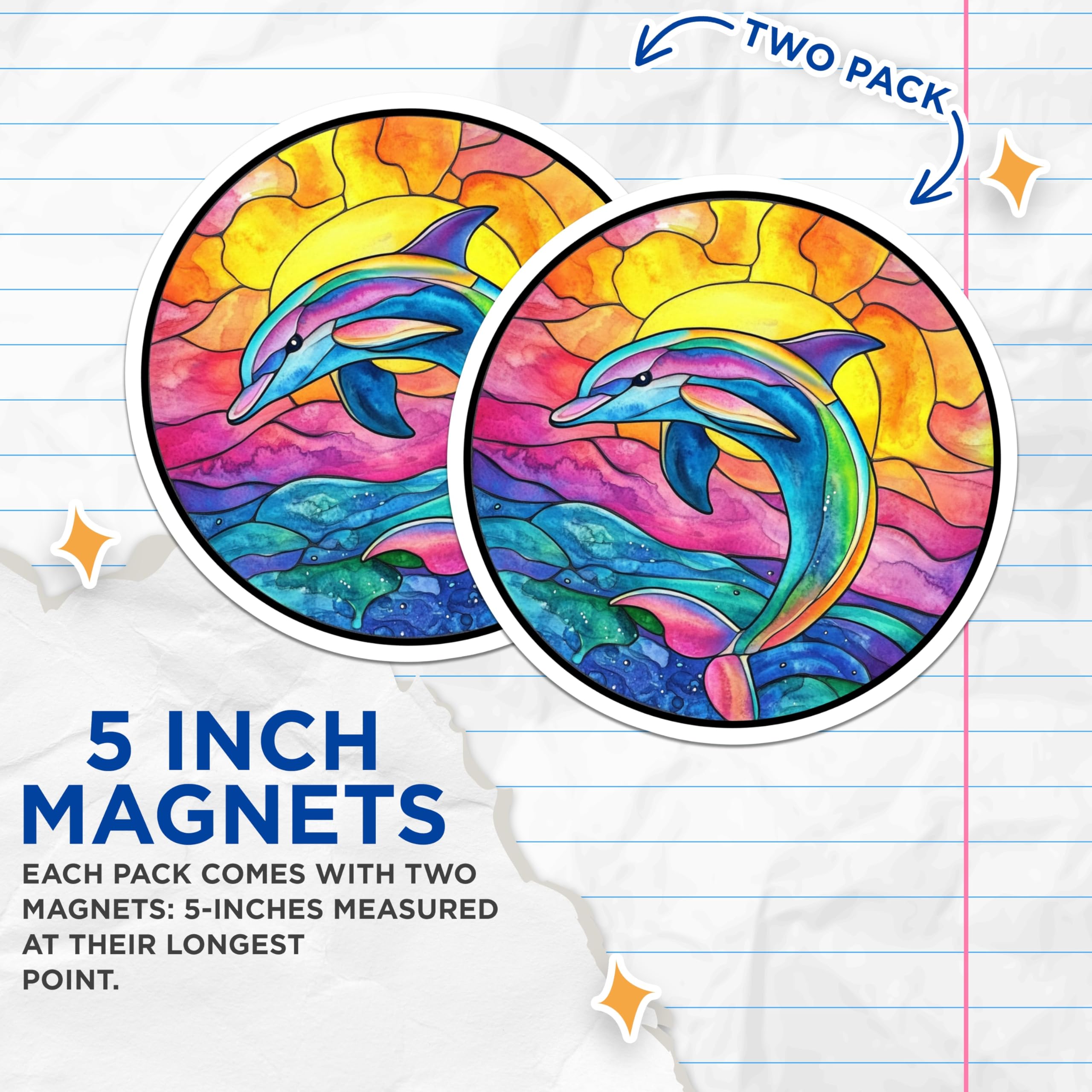 (2 Pack) Stained Glass Dolphin Magnets - Vibrant Ocean Art - Marine Life Decor for Kitchen Fridge - 5 Inches On Longest Side - Thick Durable Magnet - Made in USA - MAG29143