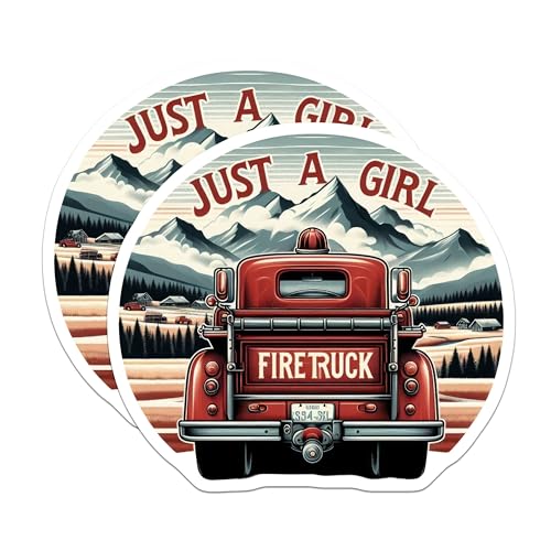 (2 Pack) Just a Girl Firetruck Stickers - Retro Truck Stickers - Adventure Stickers for Girls - 5" On Longest Side - Sticks to Smooth Flat Surfaces - Made in USA - BMCS7195