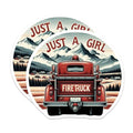 (2 Pack) Just a Girl Firetruck Stickers - Retro Truck Stickers - Adventure Stickers for Girls - 5" On Longest Side - Sticks to Smooth Flat Surfaces - Made in USA - BMCS7195