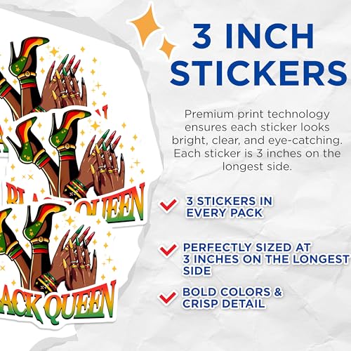 (3 Pack) Black Queen Decals - Afrocentric Pride - Pan African Shoes Decals - 3 Inches On Longest Side - Easy Peel & Apply - Made in USA - 3MCS6120