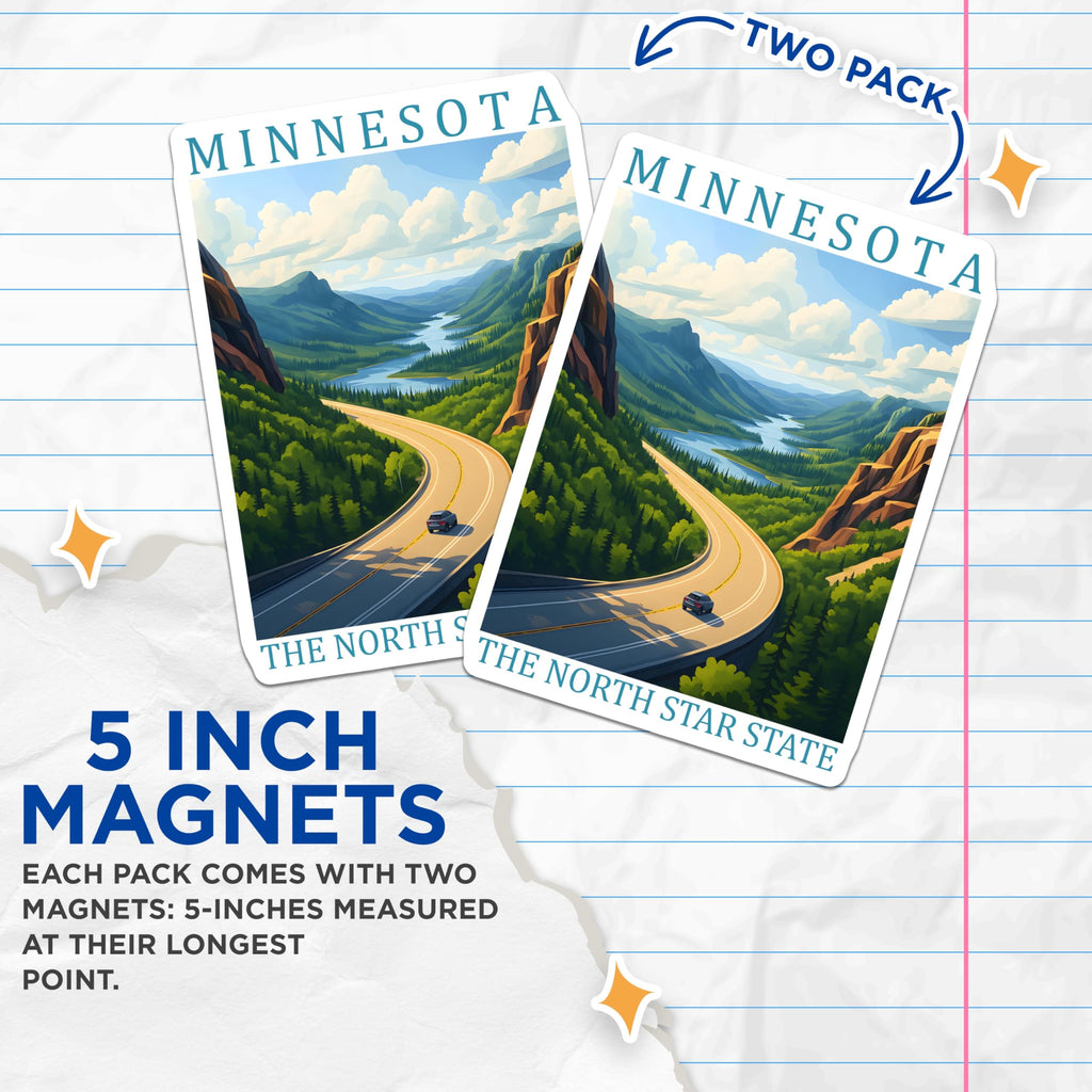 (2 Pack) Minnesota Magnets - North Star State - Scenic Route Travel Souvenir - 5" On Longest Side - Premium Magnet - for Cars, Refrigerators, Toolboxes, Lockers - Made in USA - MAG18690
