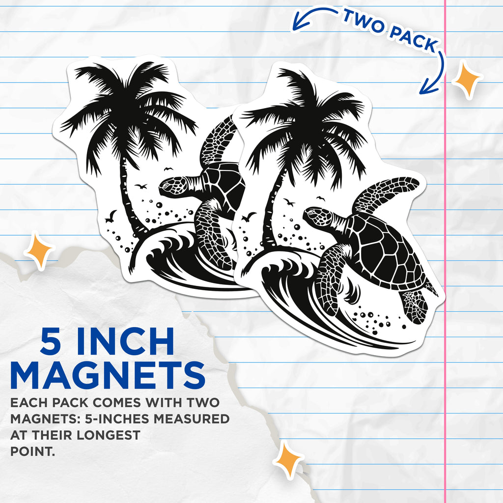 (2 Pack) Sea Turtle Palm Tree Magnets - Ocean Wave Marine Life - Tropical Beach House Decor - 5 Inches On Longest Side - Thick Durable Magnet - Made in USA - MAG39892