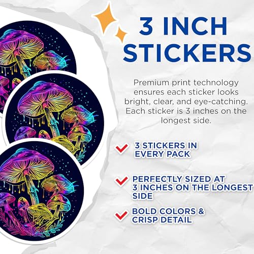 (3 Pack) Mushroom Decals - Psychedelic Art Stickers - Colorful Laptop Decals- 3 Inches On Longest Side - Easy Peel & Apply - Made in USA - 3MCS5956