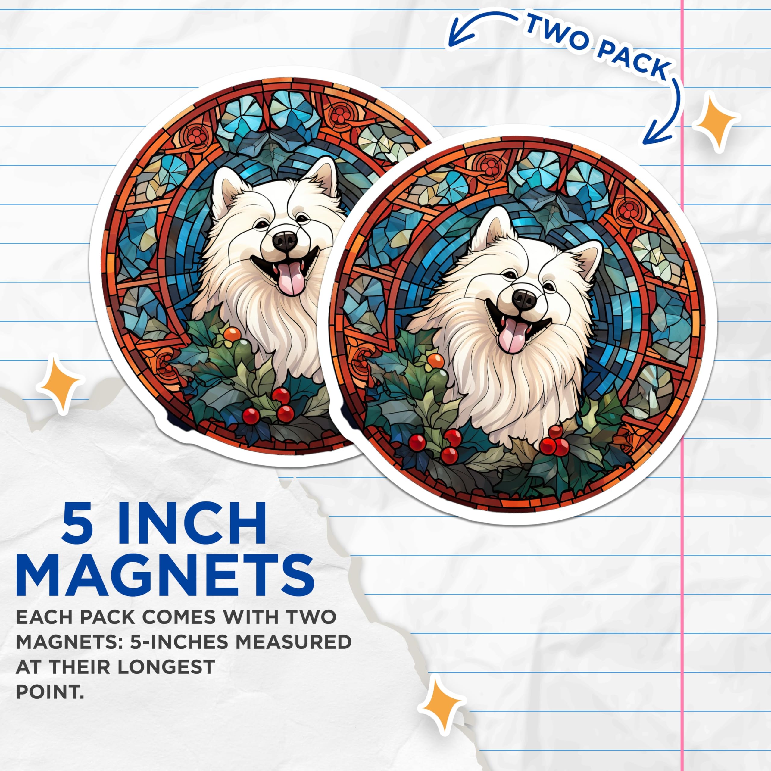 (2 Pack) Samoyed Dog Stained Glass Magnets - Christmas Holiday Decor - Pet Lover Refrigerator - 5 Inches On Longest Side - Thick Durable Magnet - Made in USA - MAG27562