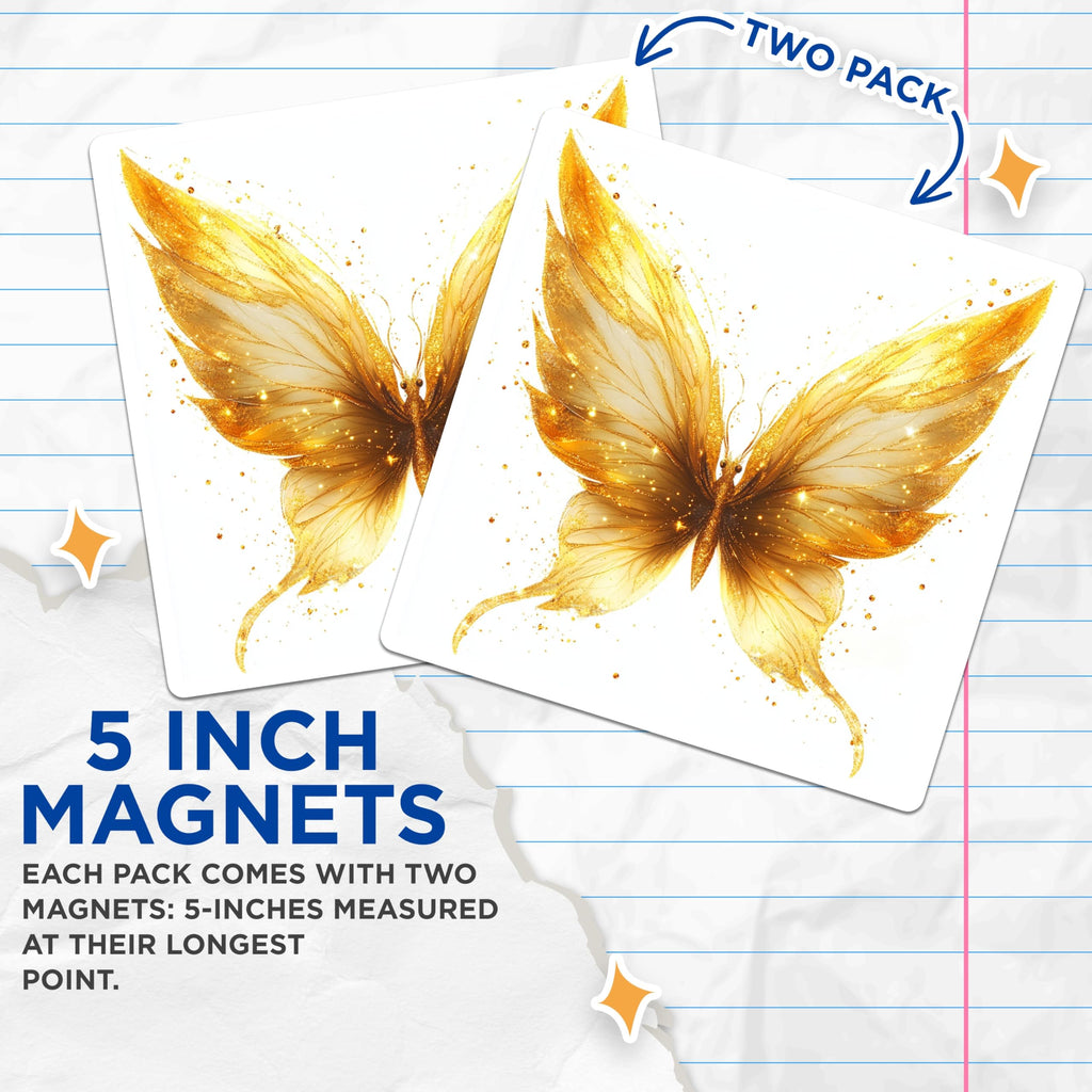 (2 Pack) Golden Glitter Butterfly Magnets - Shimmering Moth Decor - Elegant Ethereal Insect Artistry - 5 Inches On Longest Side - Thick Durable Magnet - Made in USA - MAG24656