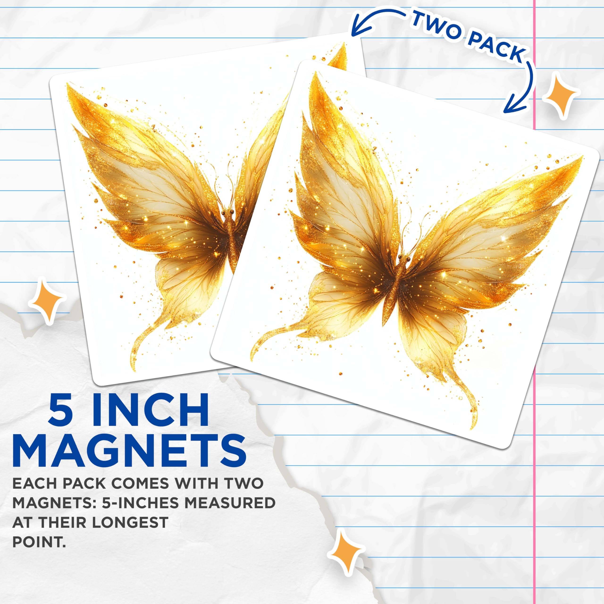 (2 Pack) Golden Glitter Butterfly Magnets - Shimmering Moth Decor - Elegant Ethereal Insect Artistry - 5 Inches On Longest Side - Thick Durable Magnet - Made in USA - MAG24656