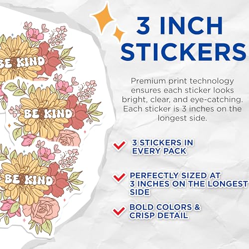 (3 Pack) Be Kind Flower Decals - Positive Message - Inspirational Sticker - Laptop Decals- 3 Inches On Longest Side - Easy Peel & Apply - Made in USA - 3MCS5200