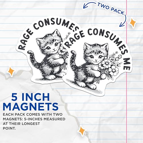 (2 Pack) Cute Cat Rage Consumes Me Magnets - Funny Cat Magnets - Cat Art Magnets for Refrigerator - 5" On Longest Side - for Cars, Refrigerators, Toolboxes, Lockers - Made in USA MAG3550