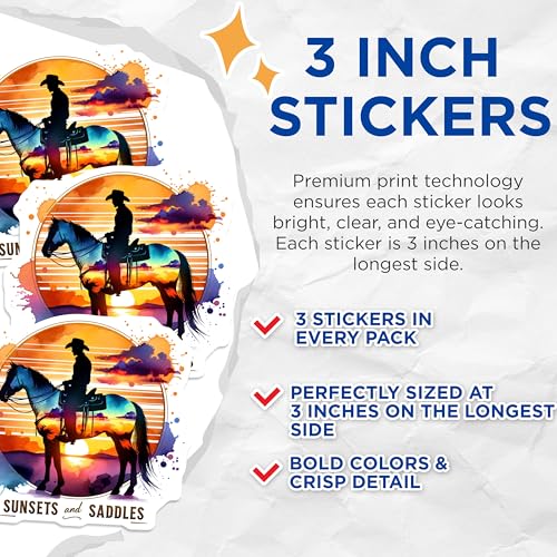 (3 Pack) Cowboy Sunset Decals - Horse Riding Western - Sunset and Saddles Decal- 3 Inches On Longest Side - Easy Peel & Apply - Made in USA - 3MCS5889