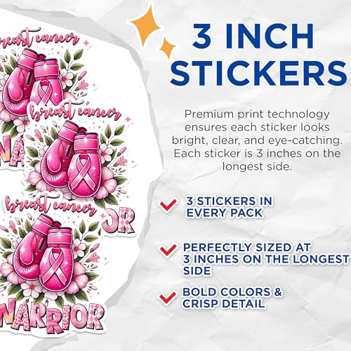 (3 Pack) Breast Cancer Decals - Warrior Boxing Gloves - Awareness Decals - 3 Inches On Longest Side - Easy Peel & Apply - Made in USA - 3MCS1308