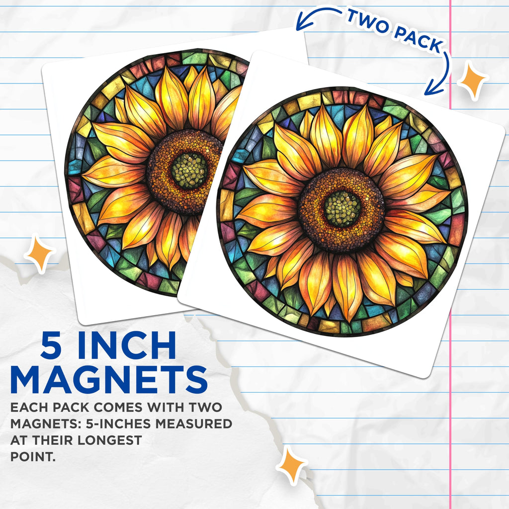 (2 Pack) Stained Glass Sunflower Magnets - Boho Kitchen Decor - Sunny Home Accent Magnets - 5 Inches On Longest Side - Thick Durable Magnet - Made in USA - MAG25303