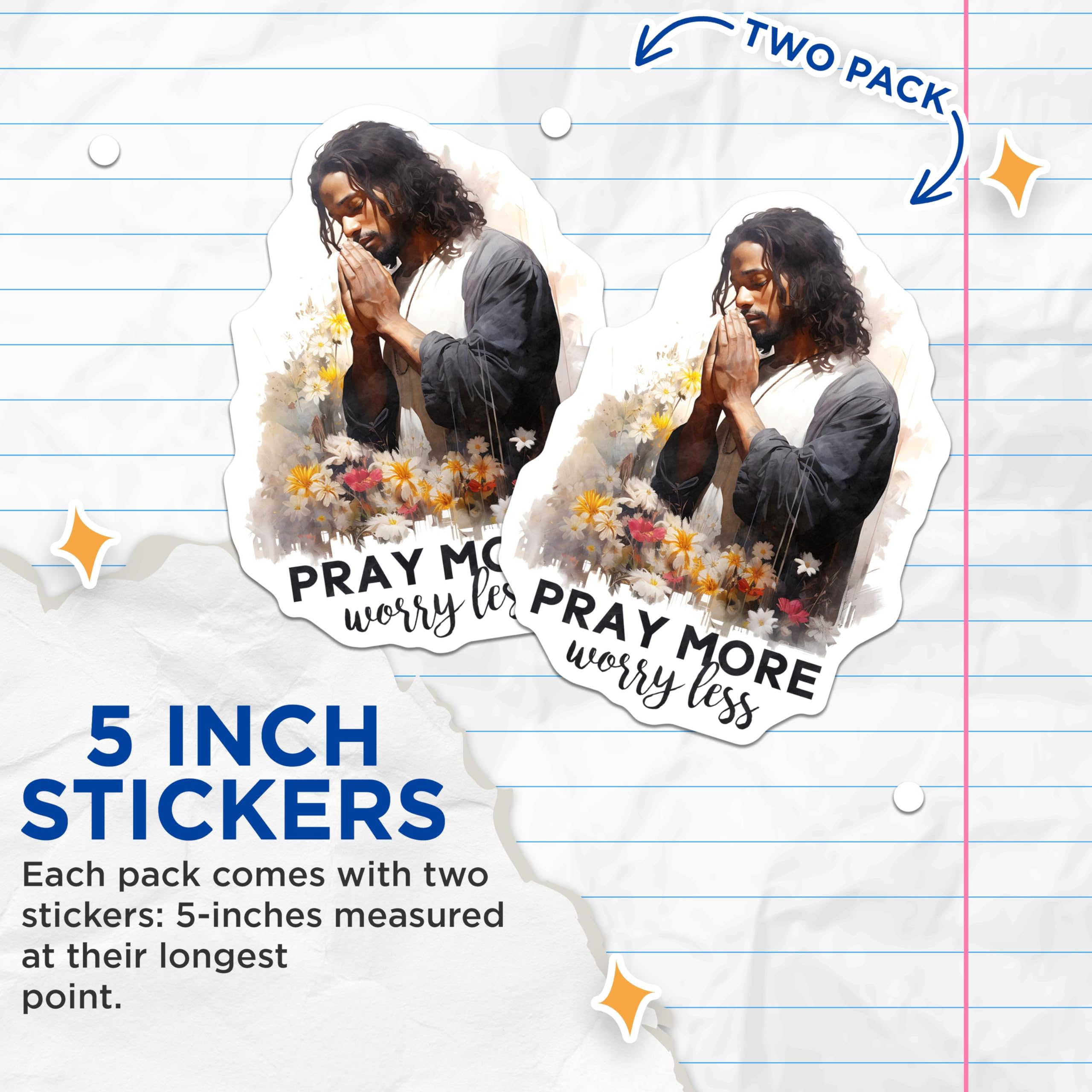 (2 Pack) Pray More Worry Less Stickers - Spiritual Faith Decals - Religious Inspiration Art - Christian Prayer Motto - 5" On Longest Side - Sticks to Smooth Flat Surfaces - Made in USA - BMCS20473