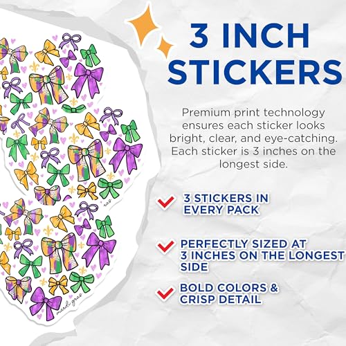 (3 Pack) Mardi Gras Decals - Bows Decal - Fleur de Lis Decal- 3 Inches On Longest Side - Easy Peel & Apply - Made in USA - 3MCS5148
