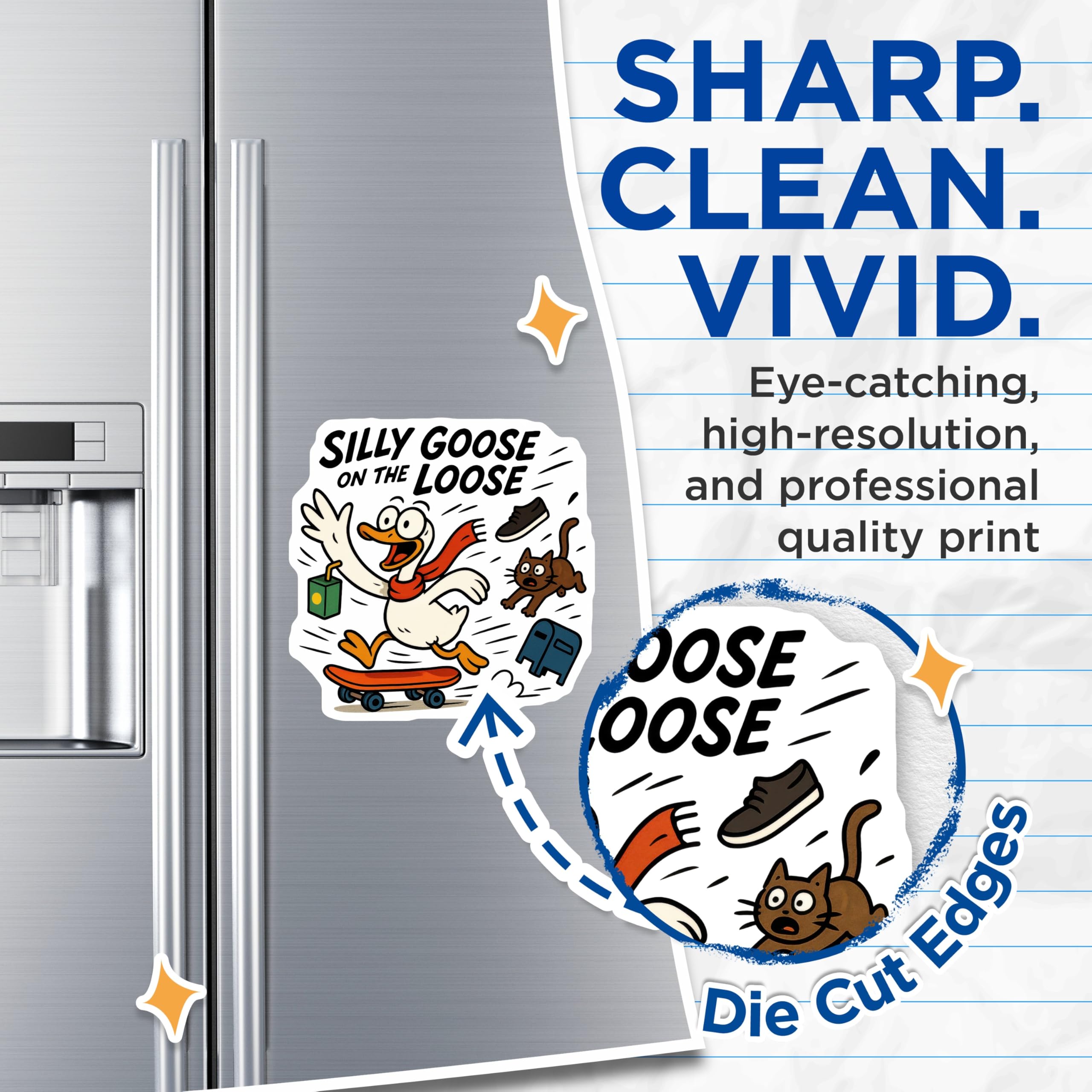 (2 Pack) Silly Goose On The Loose Magnets - Humorous Cartoon Animal Refrigerator Magnet - Skateboard Goose Cat Mailbox Scene - 5 Inches On Longest Side - Thick Durable Magnet - Made in USA - MAG22215