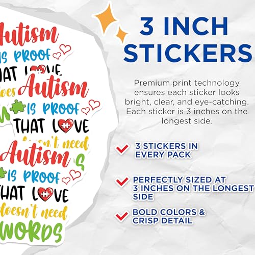 (3 Pack) Autism Awareness Decals - Love Needs No Words - Autism Puzzle Pieces - 3 Inches On Longest Side - Easy Peel & Apply - Made in USA - 3MCS7196