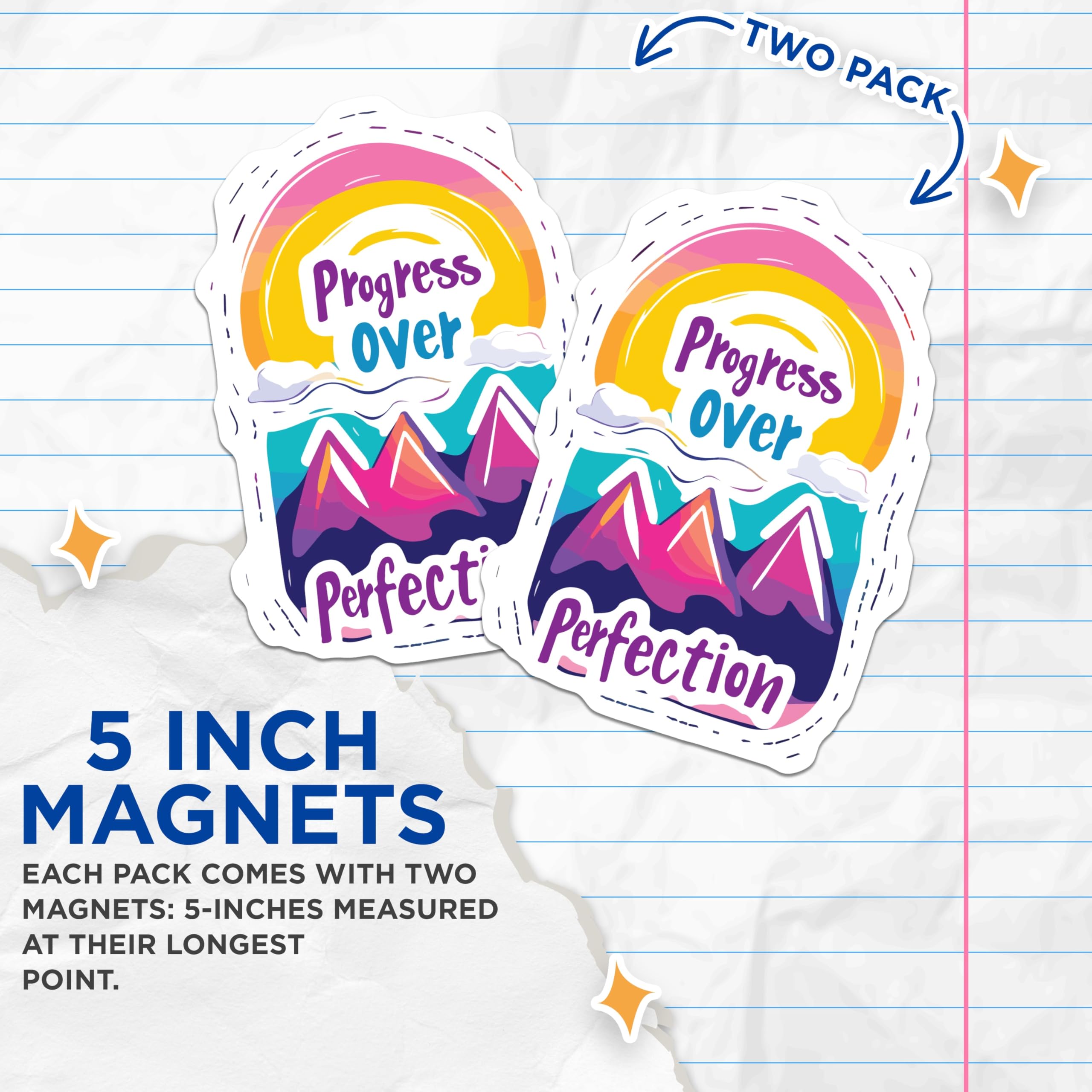 (2 Pack) Progress Over Perfection Magnets - Motivational Quote Art - Rainbow Mountain Decor - 5 Inches On Longest Side - Thick Durable Magnet - Made in USA - MAG20049