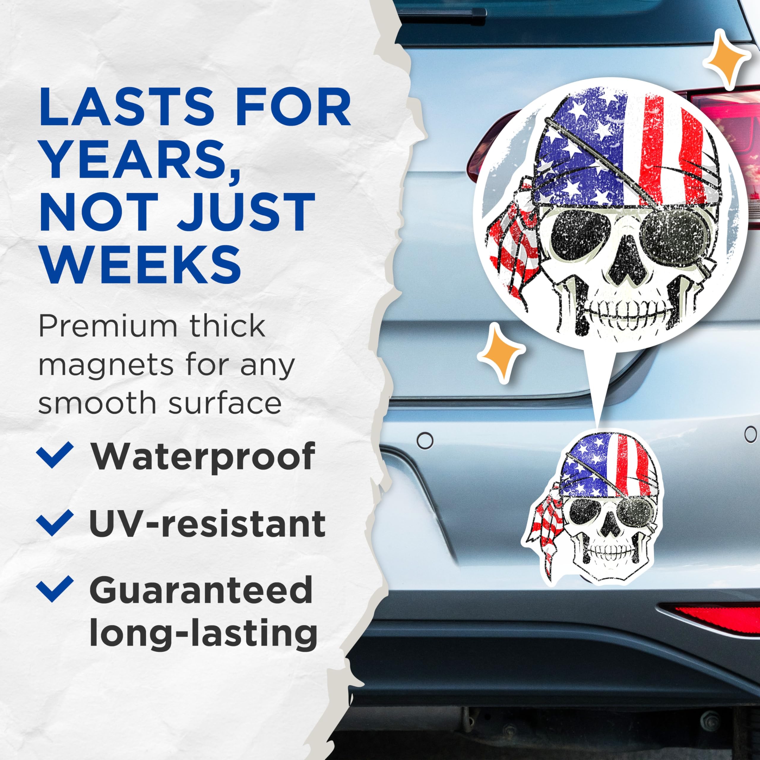 (2 Pack) Distressed American Flag Skull Magnets - Patriotic Rebel Skull Head - Veteran Biker Truck Magnets - 5 Inches On Longest Side - Thick Durable Magnet - Made in USA - MAG25296