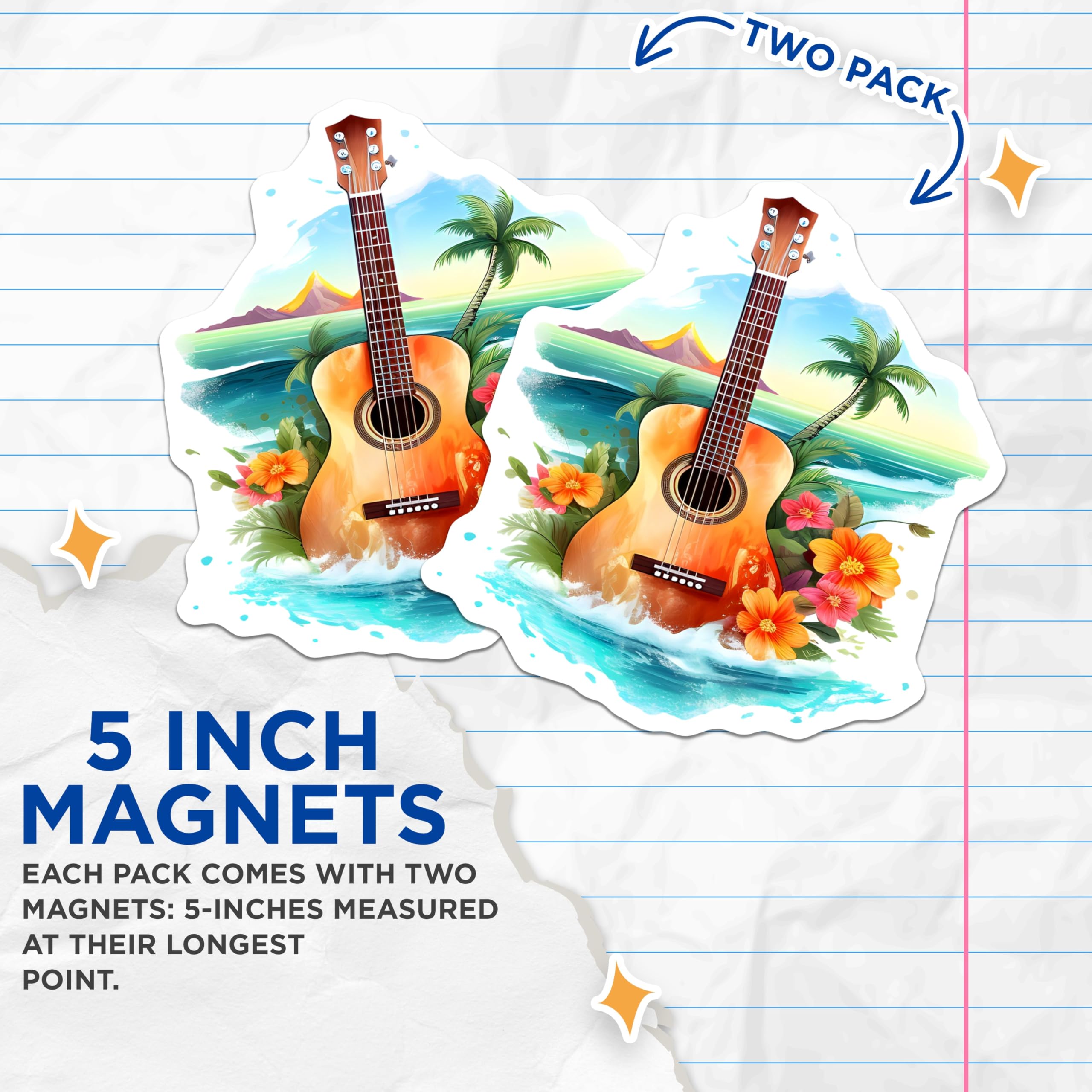(2 Pack) Tropical Guitar Magnets - Hawaiian Island Beach Scene - Ocean Music Aesthetic Refrigerator Magnets - 5 Inches On Longest Side - Thick Durable Magnet - Made in USA - MAG21876
