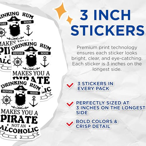 (3 Pack) Funny Pirate Decals - Drinking Rum Before Noon - Pirate Life Laptop Decals - 3 Inches On Longest Side - Easy Peel & Apply - Made in USA - 3MCS7477