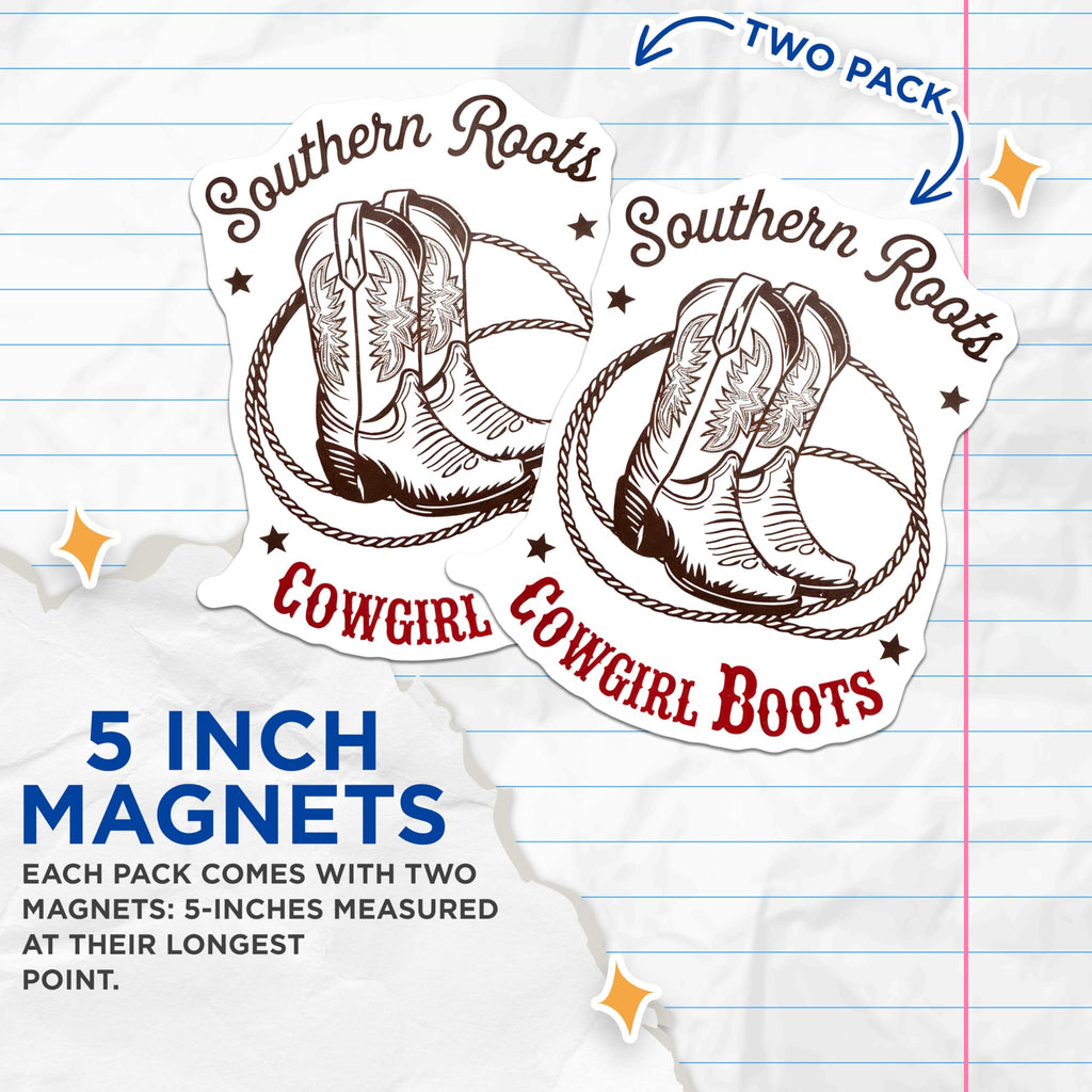 (2 Pack) Cowgirl Boots Magnets - Southern Roots Decor - Western Style Magnets - 5" On Longest Side - Premium Magnet - for Cars, Refrigerators, Toolboxes, Lockers - Made in USA - MAG17179