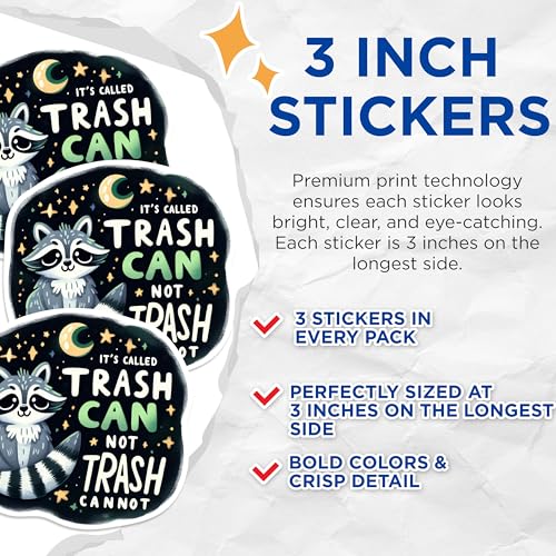 (3 Pack) Funny Raccoon Decals - Trash Can Not Trash Cannot - Laptop Decals - 3 Inches On Longest Side - Easy Peel & Apply - Made in USA - 3MCS0535