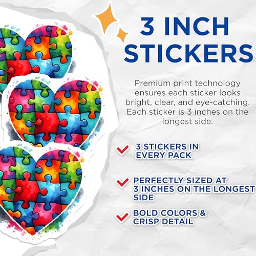 (3 Pack) Autism Awareness Decals - Heart Puzzle Piece Decal - Colorful Puzzle Decals - 3 Inches On Longest Side - Easy Peel & Apply - Made in USA - 3MCS6883