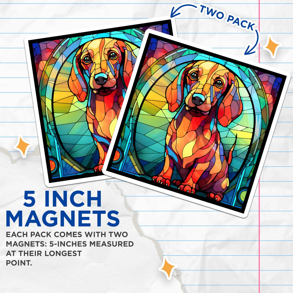 (2 Pack) Dachshund Magnets - Stained Glass Dog Magnet - Sausage Dog Fridge Decor - 5" On Longest Side - Premium Magnet - for Cars, Refrigerators, Toolboxes, Lockers - Made in USA - MAG14180