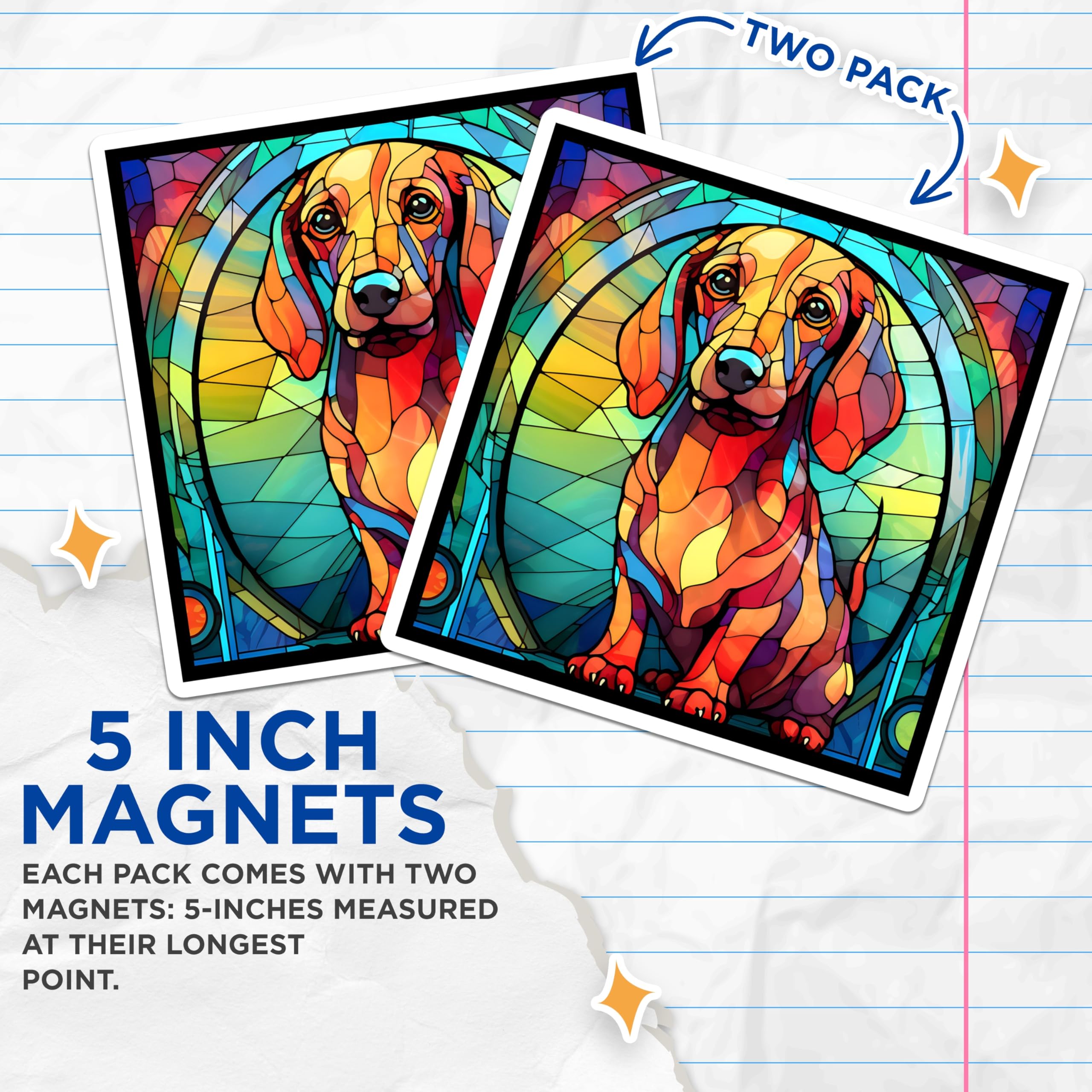(2 Pack) Dachshund Magnets - Stained Glass Dog Magnet - Sausage Dog Fridge Decor - 5" On Longest Side - Premium Magnet - for Cars, Refrigerators, Toolboxes, Lockers - Made in USA - MAG14180