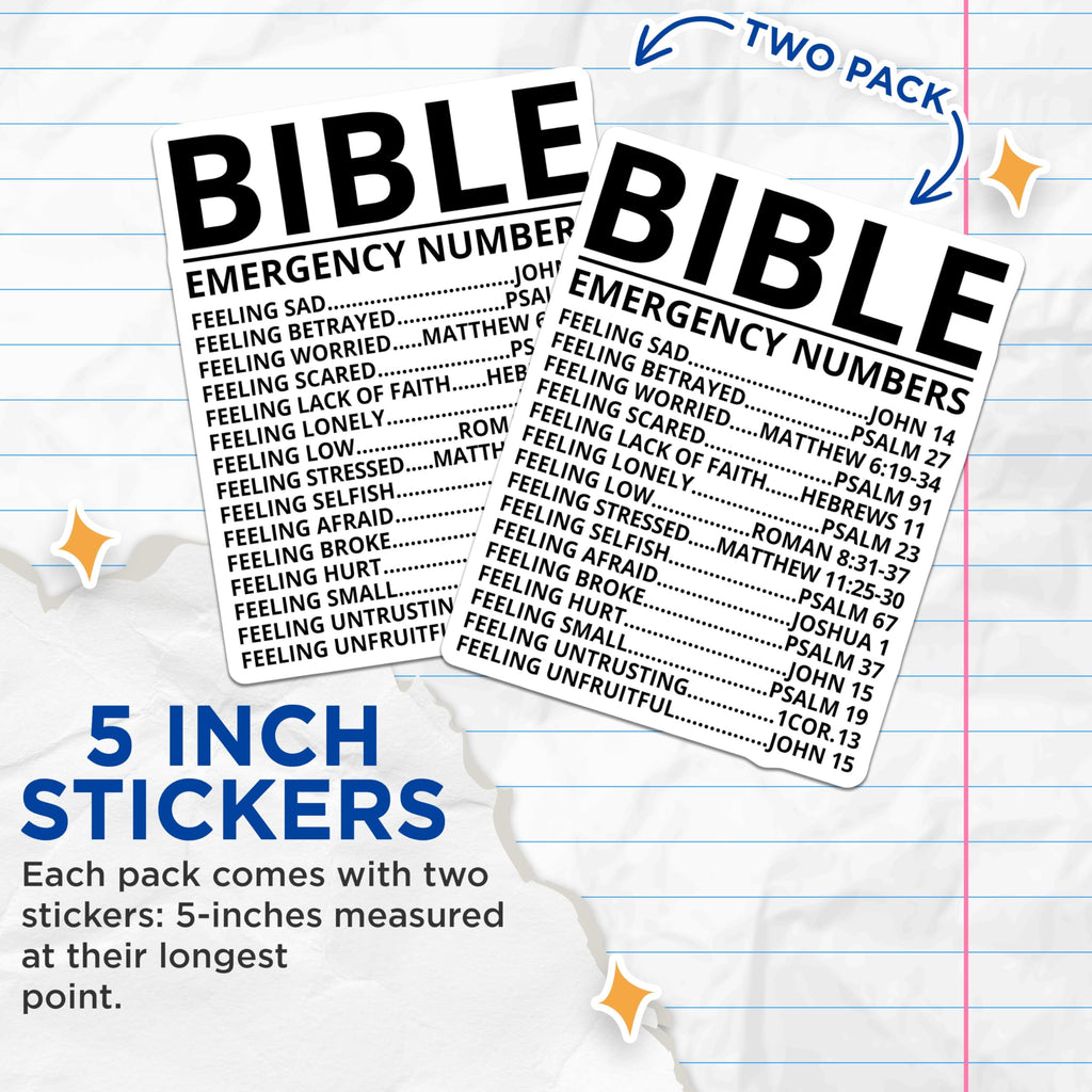 (2 Pack) Bible Emergency Numbers Stickers - Inspirational Bible Verse - Christian Faith Stickers - Religious Motivation - 5" On Longest Side - Sticks to Smooth Flat Surfaces - Made in USA - BMCS3875