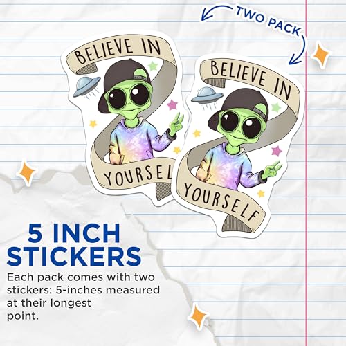 (2 Pack) Alien Believe in Yourself Stickers - UFO Motivational - Cute Alien Decal - 5" On Longest Side - Sticks to Smooth Flat Surfaces - Made in USA - BMCS7770
