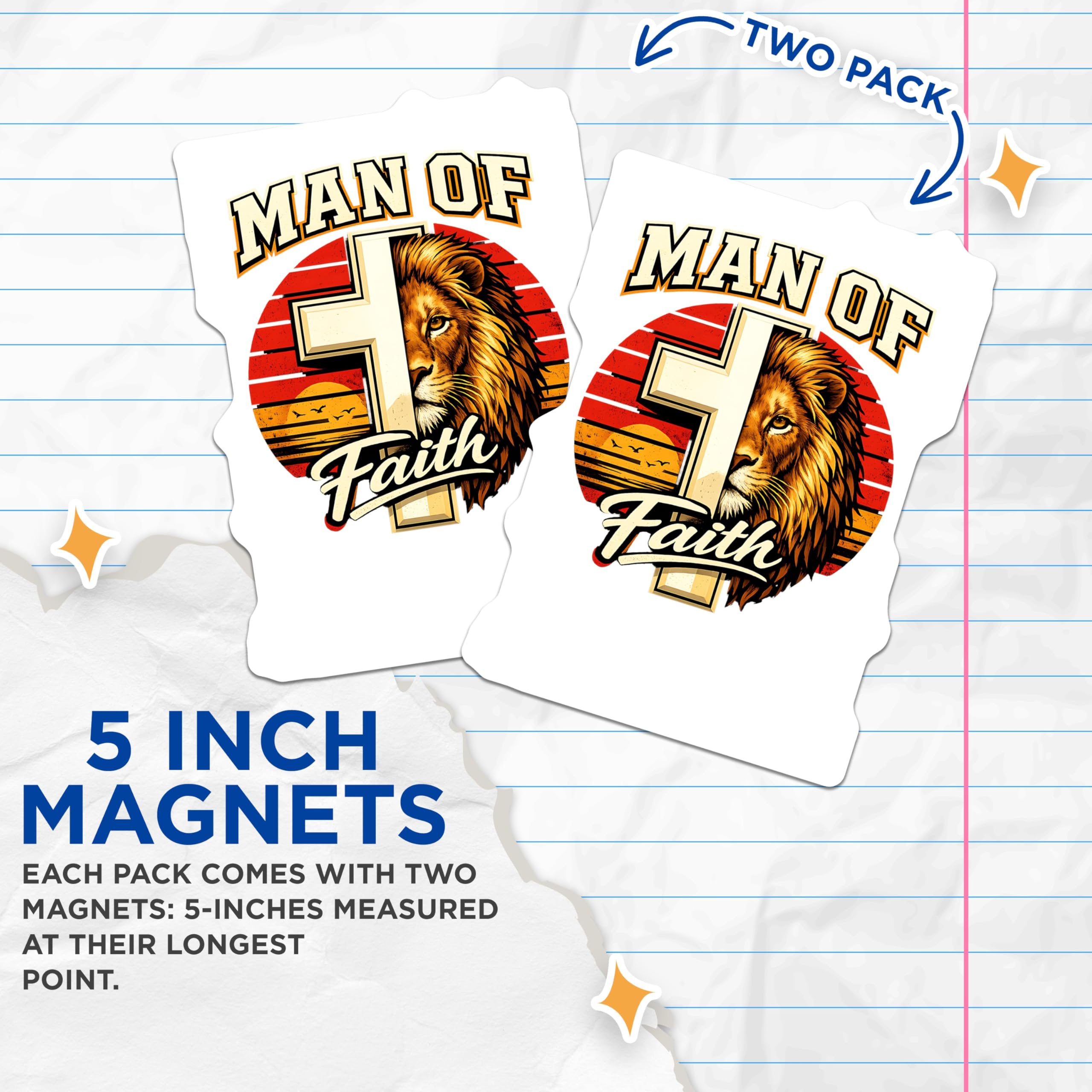 (2 Pack) Man of Faith Lion Magnets - Christian Cross Art - Spiritual Inspirational Fridge Decor - 5 Inches On Longest Side - Thick Durable Magnet - Made in USA - MAG20164