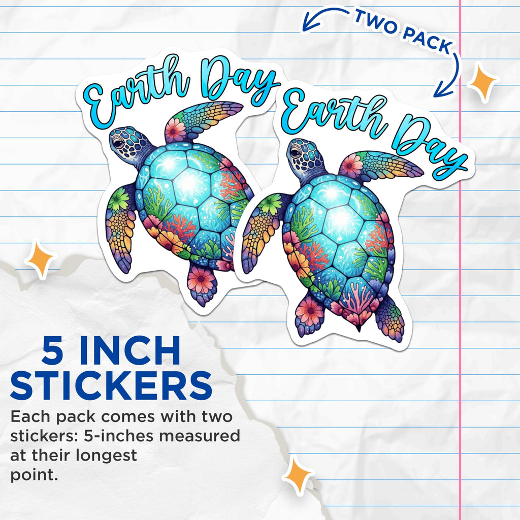 (2 Pack) Earth Day Turtle Stickers - Sea Turtle Decal - Ocean Conservation Art - 5" On Longest Side - Sticks to Smooth Flat Surfaces - Made in USA - BMCS20911