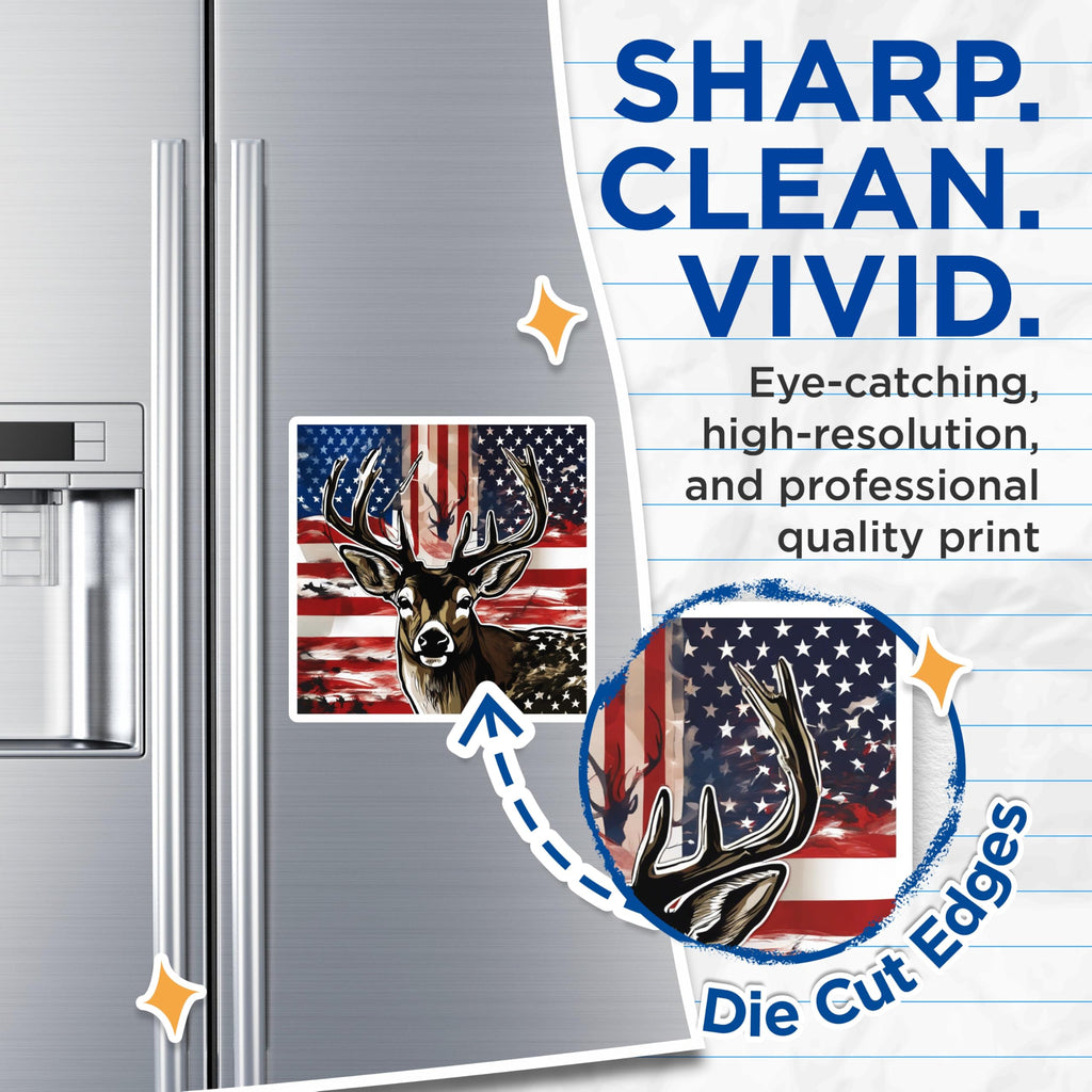 (2 Pack) Patriotic Deer Magnets - USA Flag Wildlife Art - Buck Hunting Enthusiast Decor - Nature Lover Refrigerator Accessory - 5 Inches On Longest Side - Thick Durable Magnet - Made in USA - MAG19564
