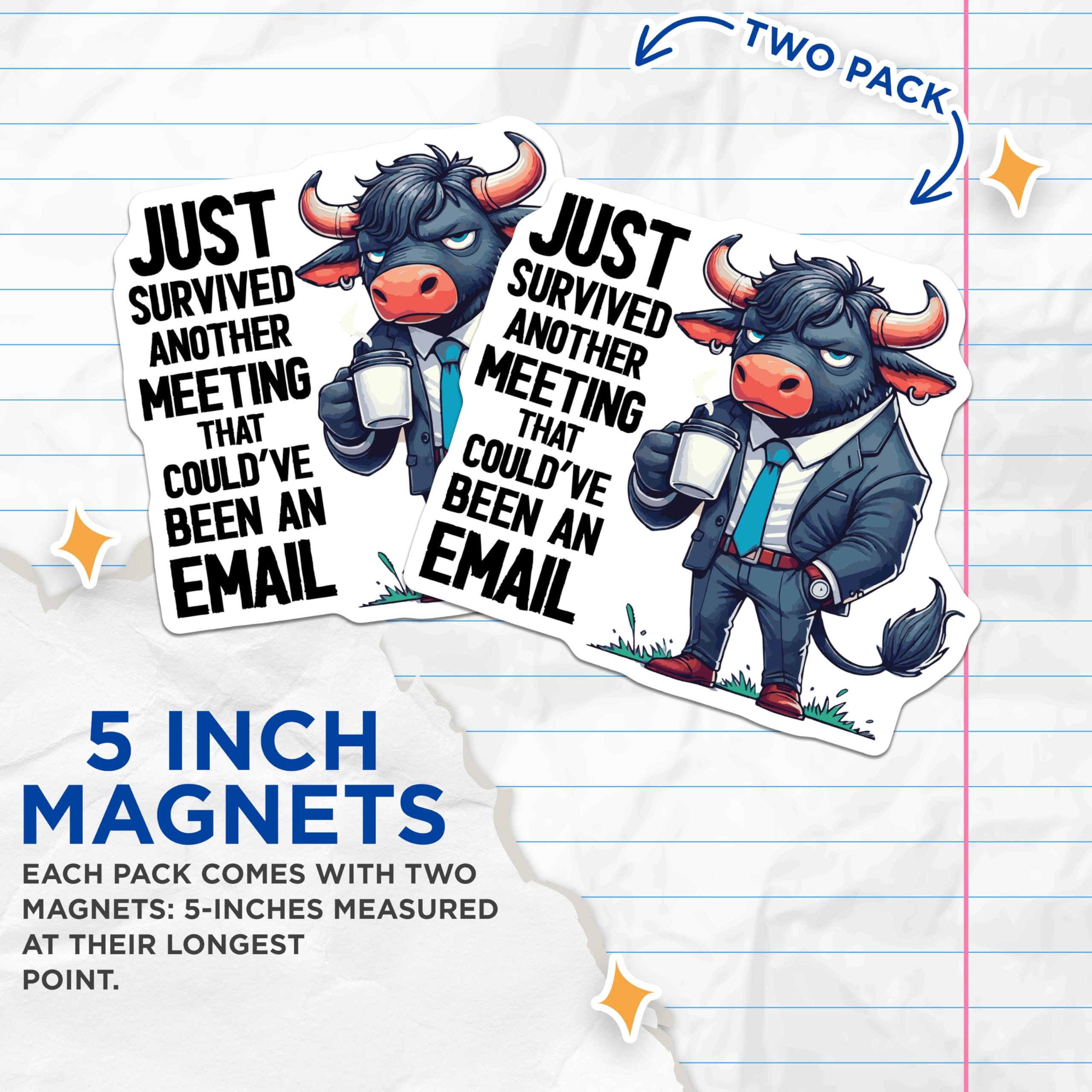 (2 Pack) Meeting Bull Magnets - Funny Office Decor - Coworker Humor - 5" On Longest Side - Premium Magnet - for Cars, Refrigerators, Toolboxes, Lockers - Made in USA - MAG16114