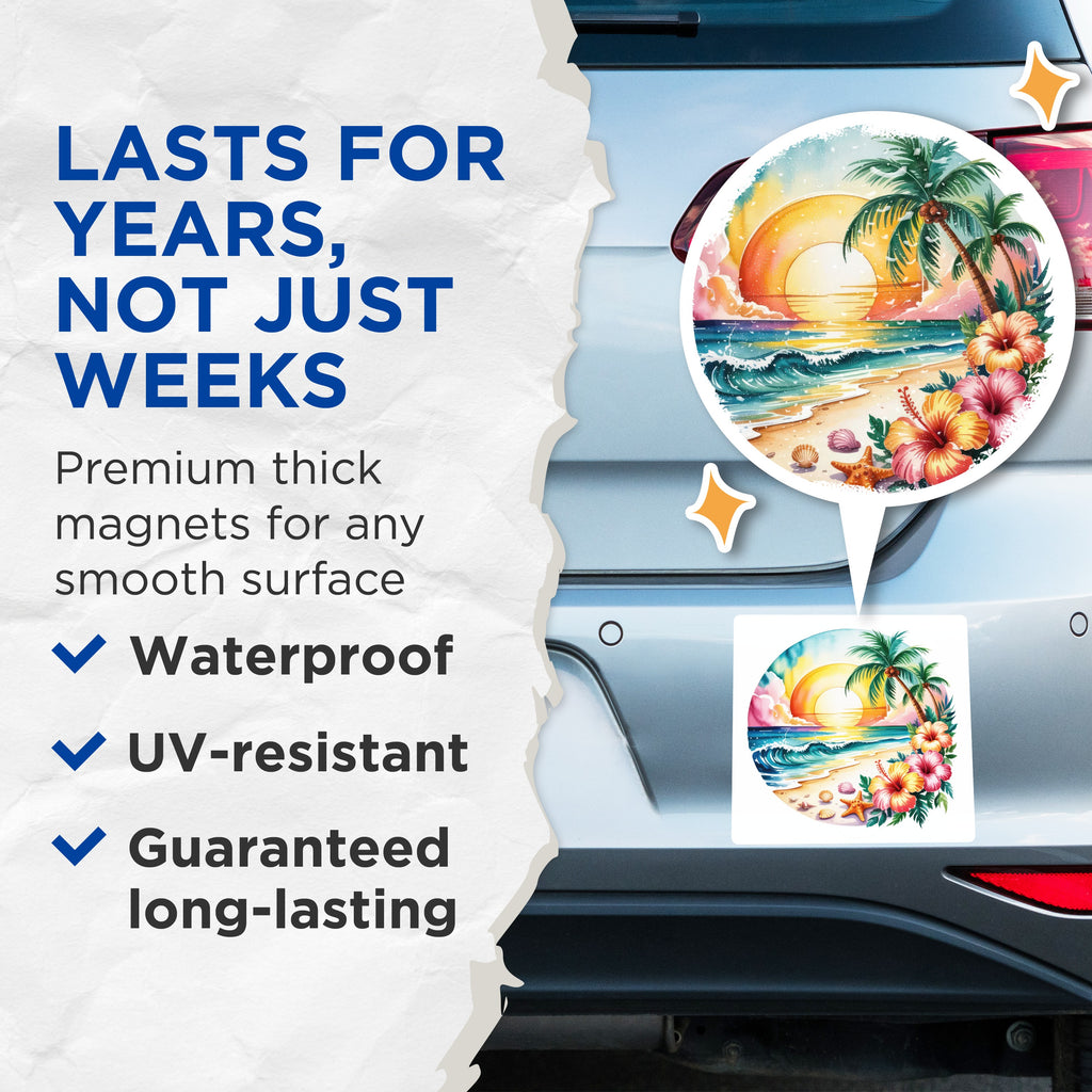 (2 Pack) Tropical Beach Sunset Magnets - Hawaiian Island Decor - Coastal Refrigerator Accent - 5 Inches On Longest Side - Thick Durable Magnet - Made in USA - MAG36931