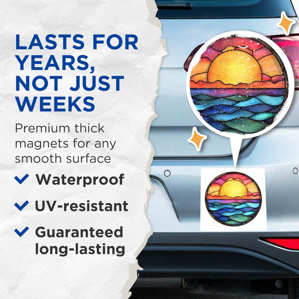 (2 Pack) Stained Glass Sunset Magnets - Ocean Horizon Scene - Vibrant Coastal Decor Refrigerator Art - 5 Inches On Longest Side - Thick Durable Magnet - Made in USA - MAG25204