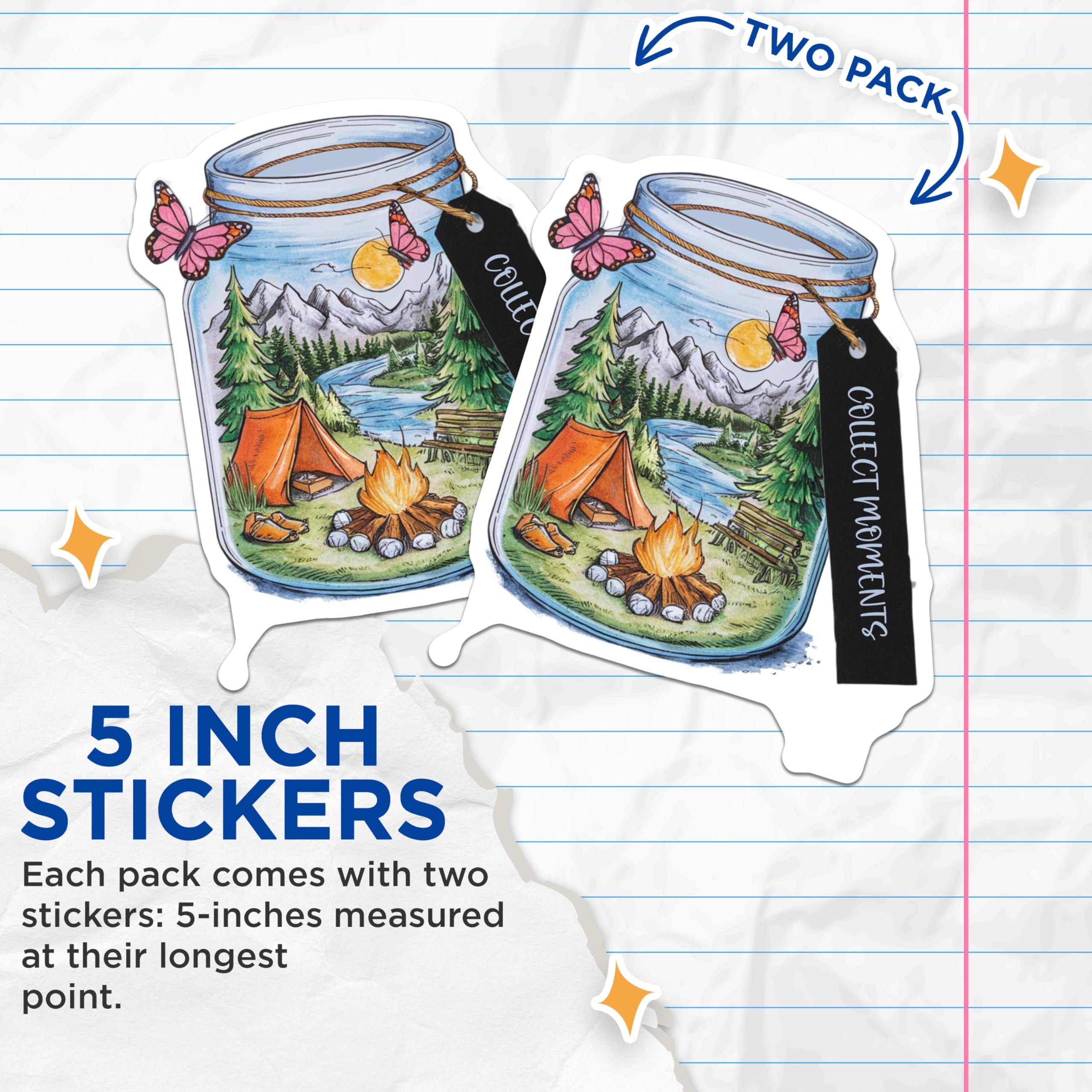 (2 Pack) Collect Moments Stickers - Camping Adventure Stickers - Nature Scene Stickers - Outdoor Fun Stickers - 5" On Longest Side - Sticks to Smooth Flat Surfaces - Made in USA - BMCS4058