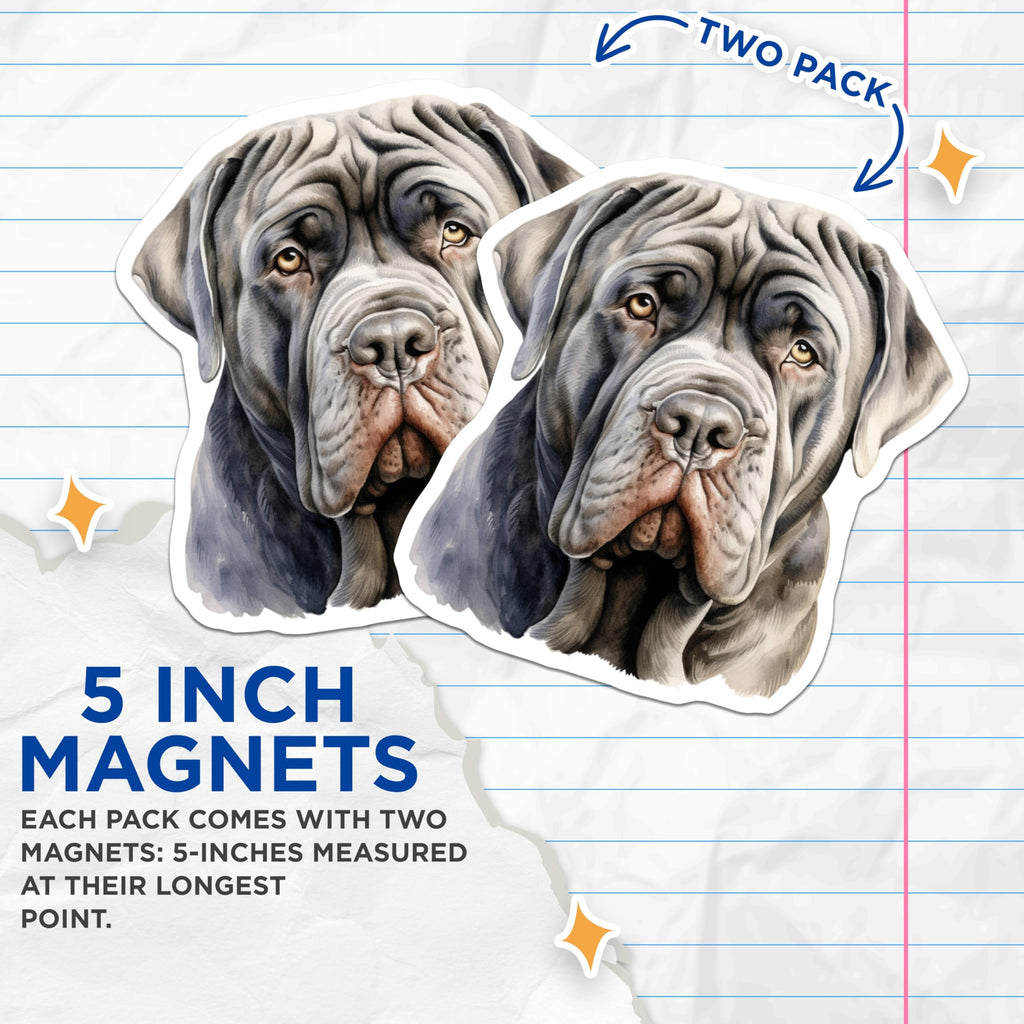(2 Pack) Neapolitan Mastiff Magnets - Watercolor Dog Breed Art - Loyal Large Dog Lover Fridge Decor - 5 Inches On Longest Side - Thick Durable Magnet - Made in USA - MAG26748