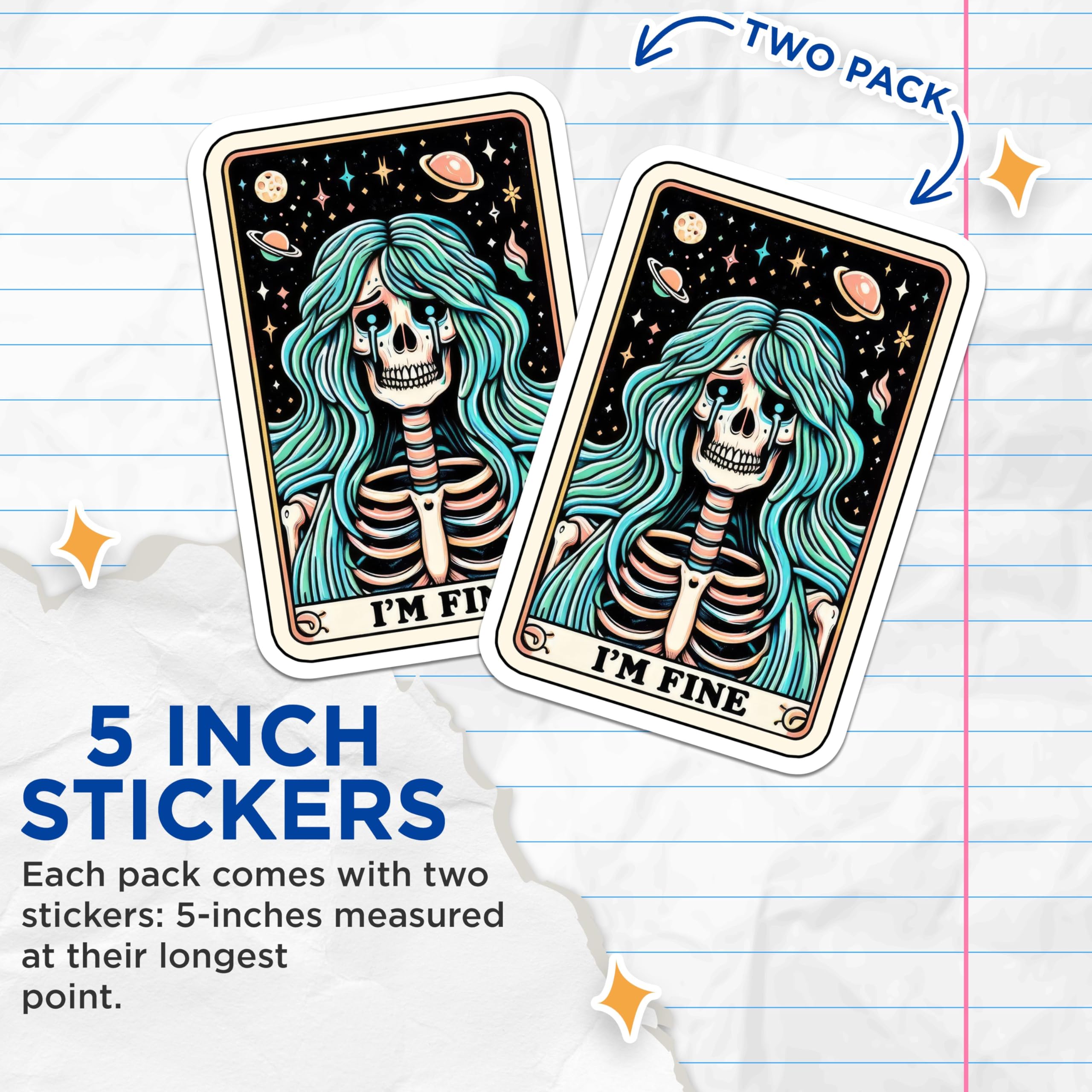 (2 Pack) I'm Fine Skeleton Tarot Stickers - Unique Gothic Aesthetic - Dark Humor Art Sticker - Celestial Skeleton Designs - 5" On Longest Side - Sticks to Smooth Flat Surfaces - Made in USA - BMCS5103