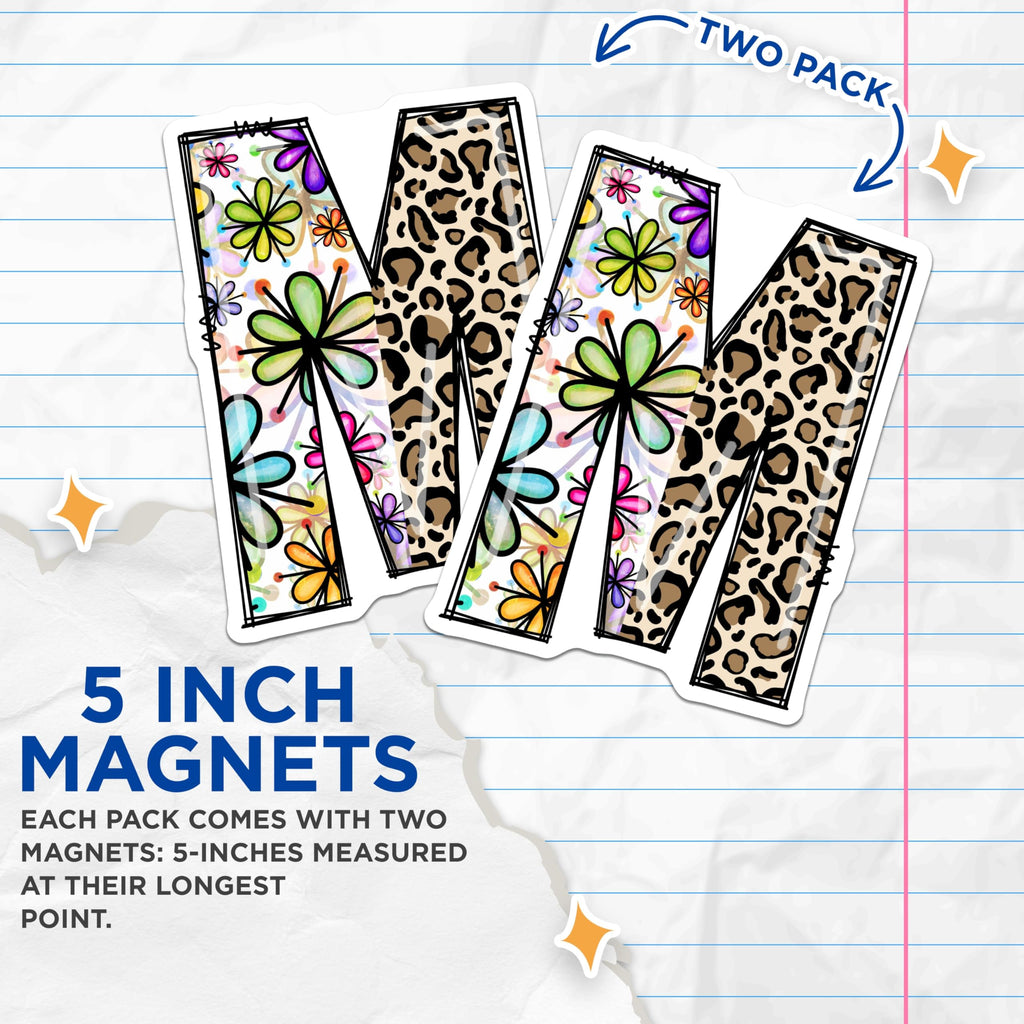 (2 Pack) Letter M Magnets - Floral Leopard Print - Initial M Decor - 5" On Longest Side - Premium Magnet - for Cars, Refrigerators, Toolboxes, Lockers - Made in USA - MAG15034
