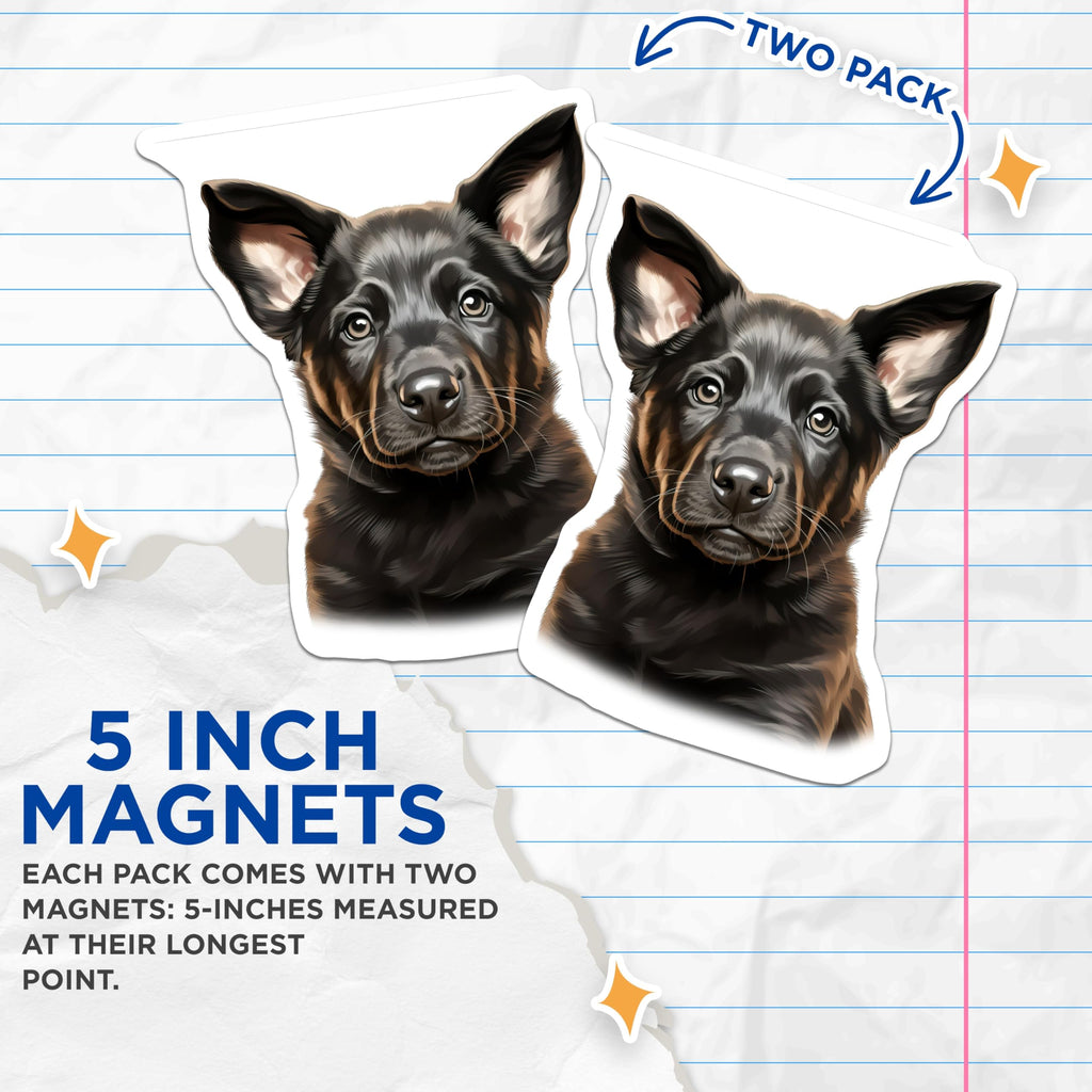 (2 Pack) Black and Tan Dog Magnets - German Shepherd Puppy Art - Pet Lover Fridge Decor - 5 Inches On Longest Side - Thick Durable Magnet - Made in USA - MAG30803