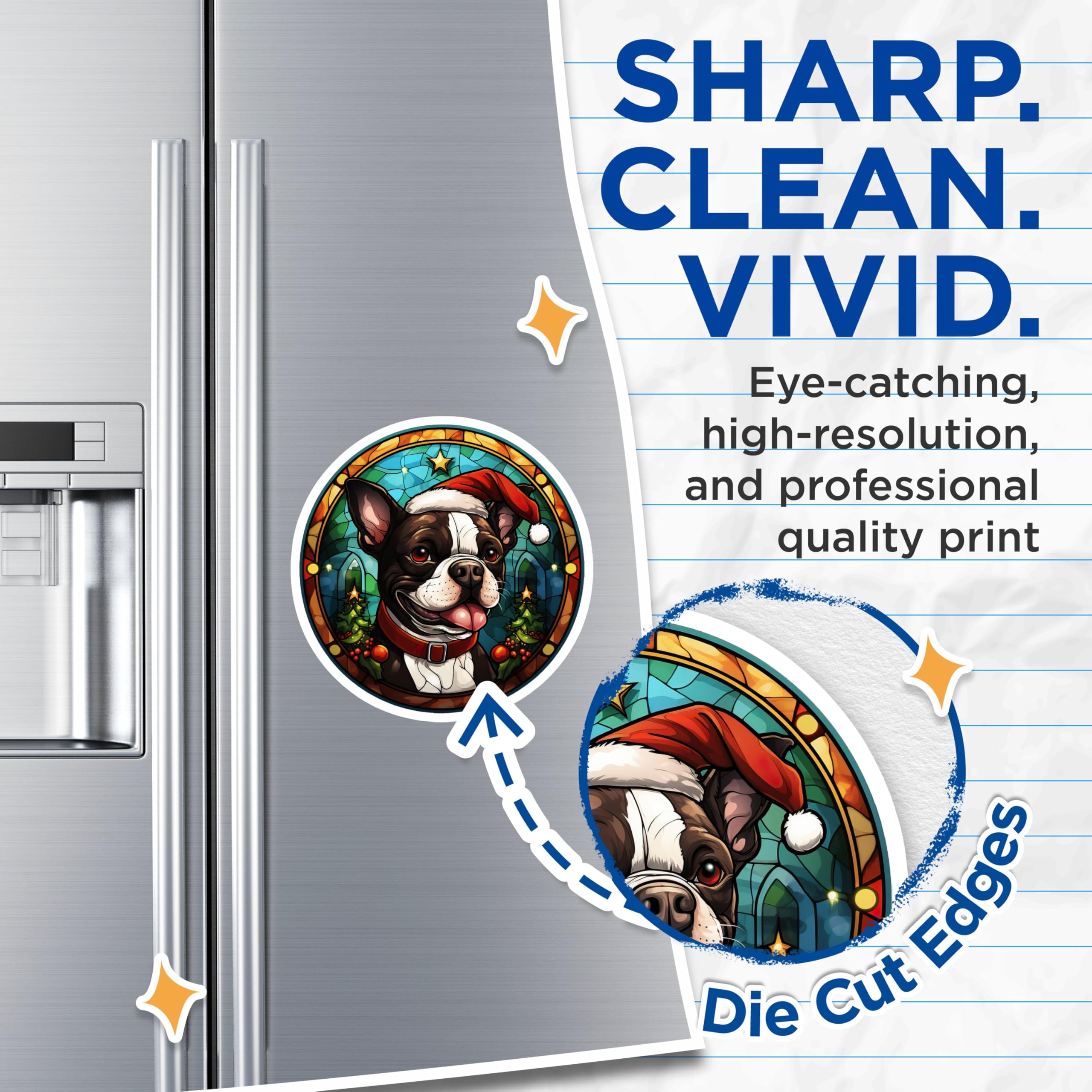 (2 Pack) Boston Terrier Magnets - Christmas Dog Holiday Decor - Stained Glass Art Style Pet Fridge Magnet - 5 Inches On Longest Side - Thick Durable Magnet - Made in USA - MAG23476