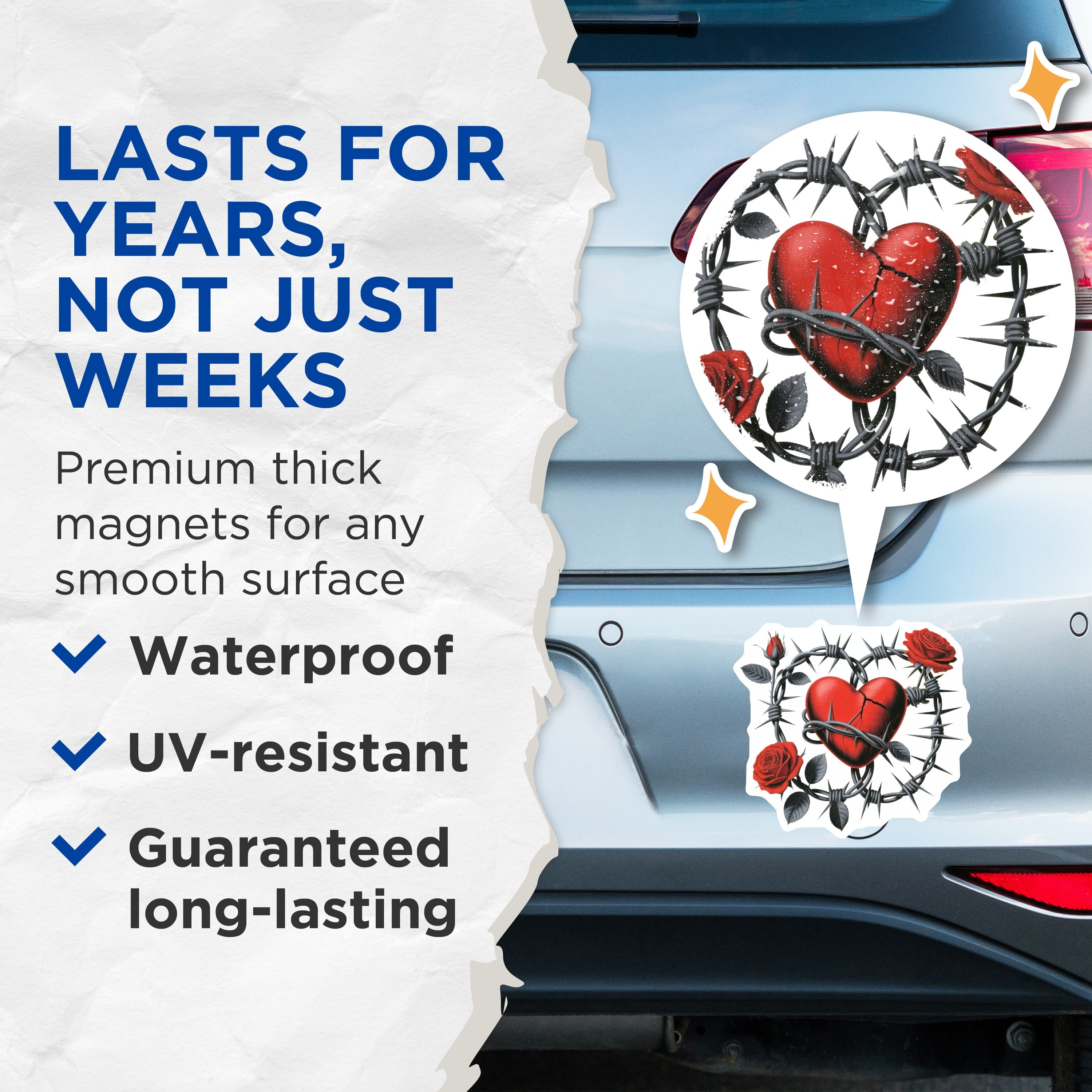 (2 Pack) Broken Heart Barbed Wire Rose Magnets - Gothic Love Symbol - Edgy Romantic Decor - 5 Inches On Longest Side - Thick Durable Magnet - Made in USA - MAG38104