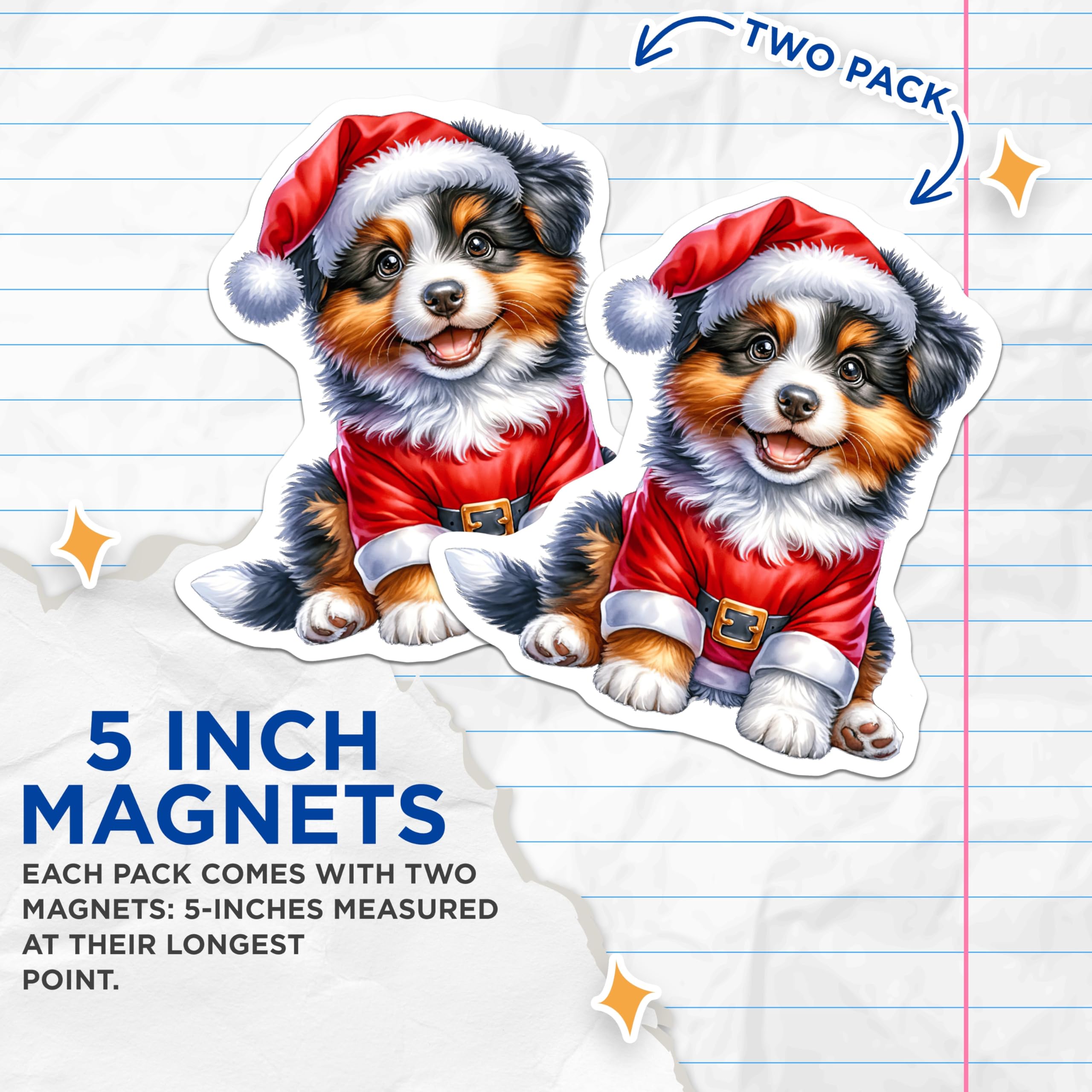 (2 Pack) Christmas Puppy Magnets - Santa Dog Decor - Holiday Pet Lover Refrigerator Magnets - 5 Inches On Longest Side - Thick Durable Magnet - Made in USA - MAG28260