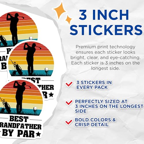 (3 Pack) Golf Grandfather Decals - Best Grandpa by Par - Golfing Lover Decals - 3 Inches On Longest Side - Easy Peel & Apply - Made in USA - 3MCS2649