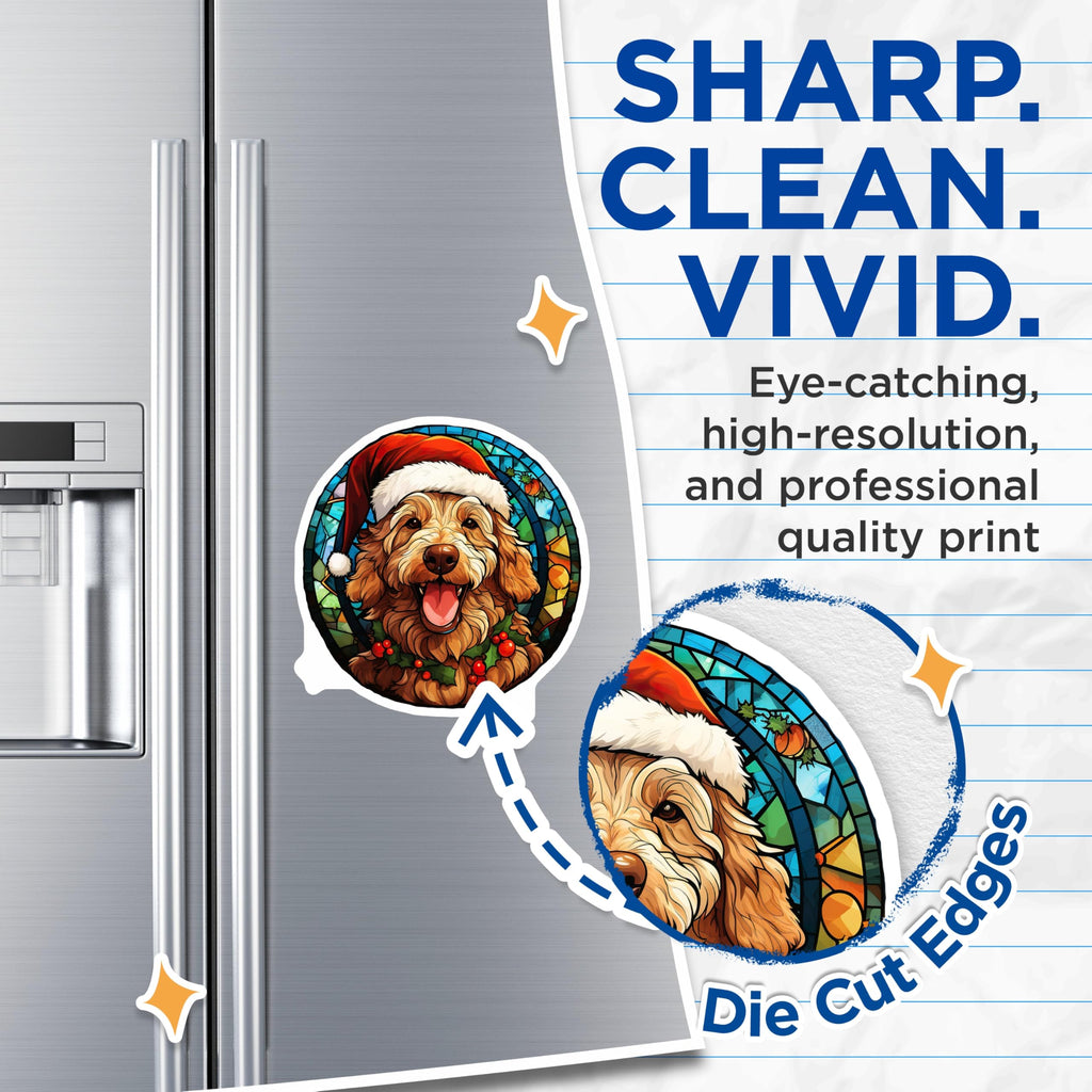 (2 Pack) Goldendoodle Christmas Magnets - Happy Doodle Dog - Stained Glass Pet Art Refrigerator Magnets - 5 Inches On Longest Side - Thick Durable Magnet - Made in USA - MAG29280